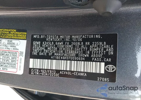 2007 Toyota Camry Le from USA, damaged, VIN 4T1BE46K07U090694
